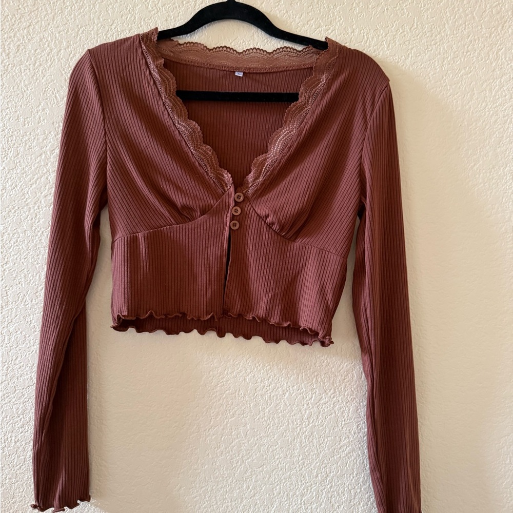 Brown Ribbed Long Sleeve Top